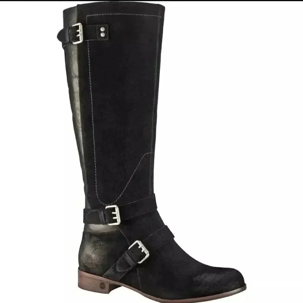 UGG Australia Cydnee Tall Black Suede Riding Boots Leather Sheepskin Size 8